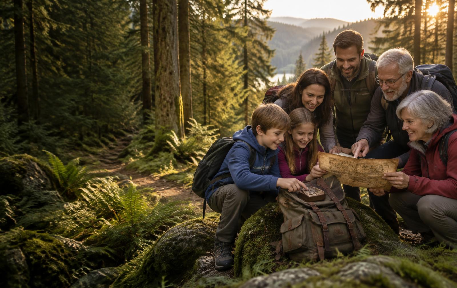 Familie löst gemeinsam ein Outdoor-Rätsel im Schwarzwald
